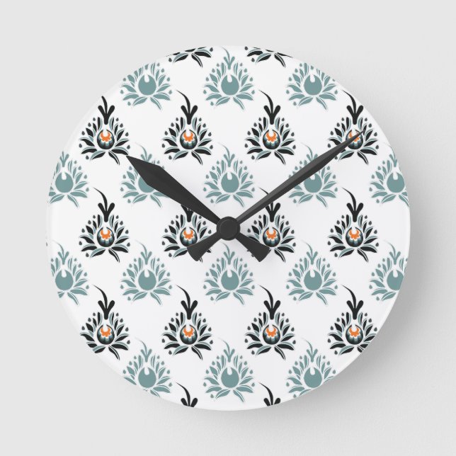 Relógio Redondo Padrão de Folha Floral Rosa Azul (Frente)