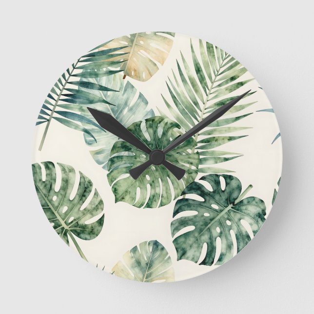 Relógio Redondo Padrão de Folhas Tropicais de Aquarela Monstera Pa (Frente)