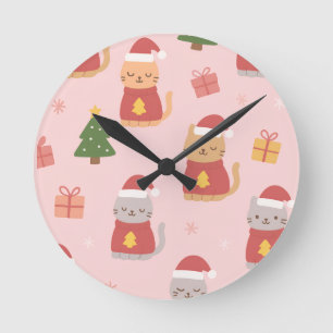 Relógio Redondo Padrão de Gatos de Natal Fofo – Design de Férias R