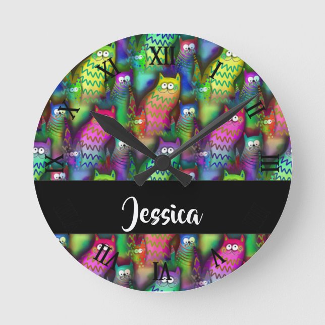 Relógio Redondo Padrão de gatos gradiente coloridos (Frente)