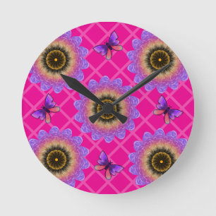 Relógio Redondo Padrão de Girassol e Borboleta de Veludo Roxo