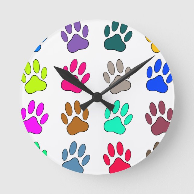 Relógio Redondo Padrão de Impressão da Pata de Cachorro Multicolor (Frente)