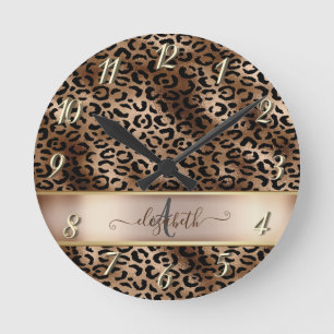Relógio Redondo Padrão de Leopardo Bronze Preto Monograma