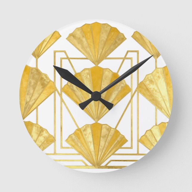 Relógio Redondo Padrão de Leque Art Déco Dourado (Frente)