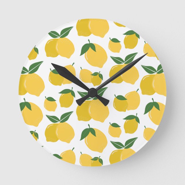 Relógio Redondo Padrão De Limão Fruta Retroativa Amarelo Em Branco (Frente)