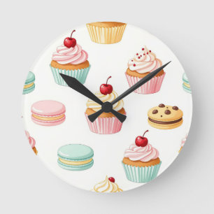 Relógio Redondo Padrão de Macaron de Cupcake Doce