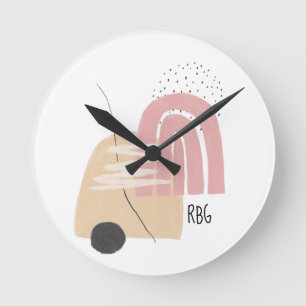 Relógio Redondo Padrão de Monograma Geométrico com Arco-íris Rosa