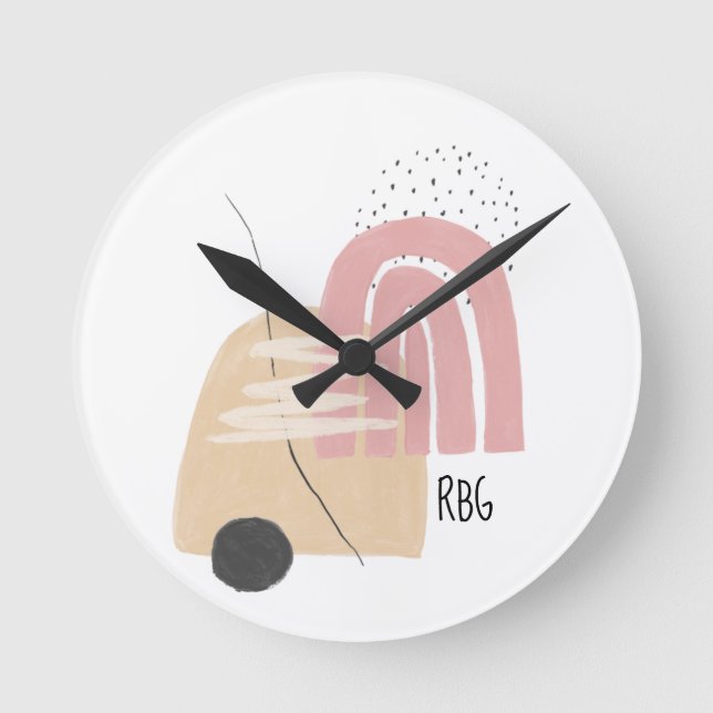 Relógio Redondo Padrão de Monograma Geométrico com Arco-íris Rosa  (Frente)