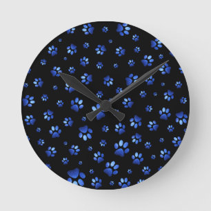 Relógio Redondo Padrão de pata de cão brilhante azul