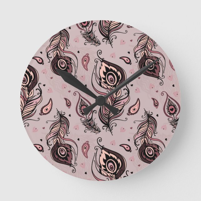 Relógio Redondo Padrão de pena de peacock (Frente)