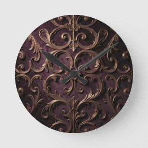Relógio Redondo Padrão de Rolo Barroco Ornamentado Roxo Fundo Dour