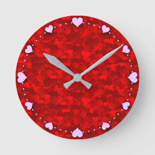 Relógio Redondo Padrão de Textura de Corações de Amor Vermelho Rom