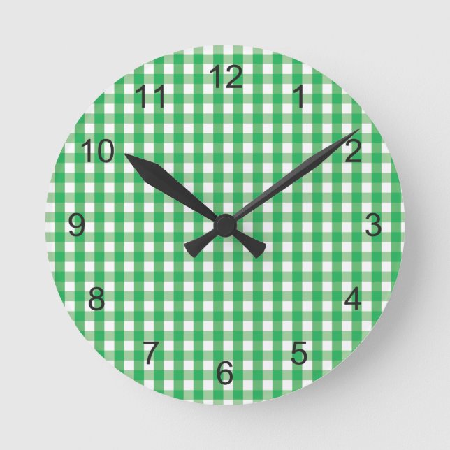 Relógio Redondo Padrão de Verificação de Gingham Verde (Frente)