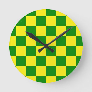 Relógio Redondo Padrão de Verificação Verde Amarelo