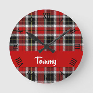 Relógio Redondo Padrão de xadrez vermelha do nome personalizado