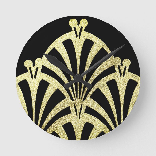 Relógio Redondo Padrão do ventilador Art deco dourado preto elegan (Frente)