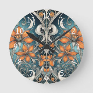 Relógio Redondo Padrão floral Art Nouveau azul-turquesa laranja