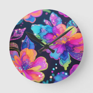 Relógio Redondo Padrão Floral Brilho Neon