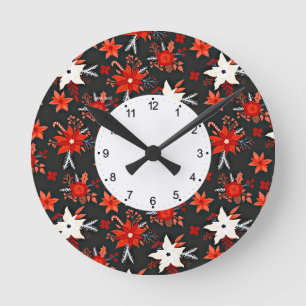 Relógio Redondo Padrão Floral com Flores Brancas Vermelhas-11438