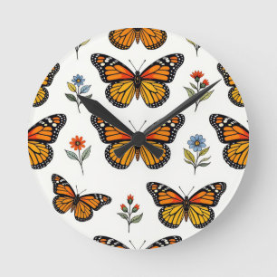 Relógio Redondo Padrão Floral de Borboleta Monarca