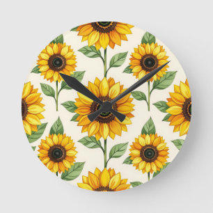 Relógio Redondo Padrão Floral de Girassol Sem Costura Amarelo Bril