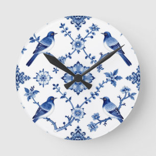 Relógio Redondo Padrão Floral de Pássaro Chinoiserie Azul