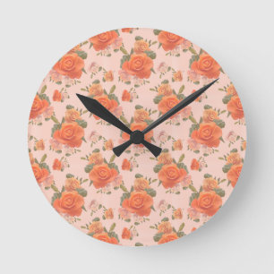 Relógio Redondo padrão floral de rosa laranja cor-de-rosa casament