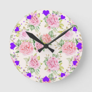 Relógio Redondo Padrão Floral de Rosa Romântica Elegante