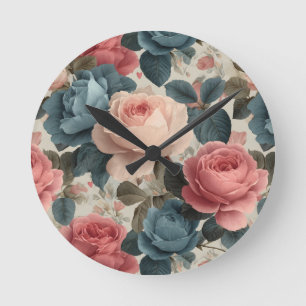 Relógio Redondo Padrão Floral Elegante Vintage com Rosas