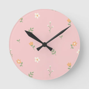 Relógio Redondo Padrão Floral Pastel Adorável em Fundo Rosa