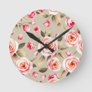 Relógio Redondo Padrão Floral Rosa Romântico