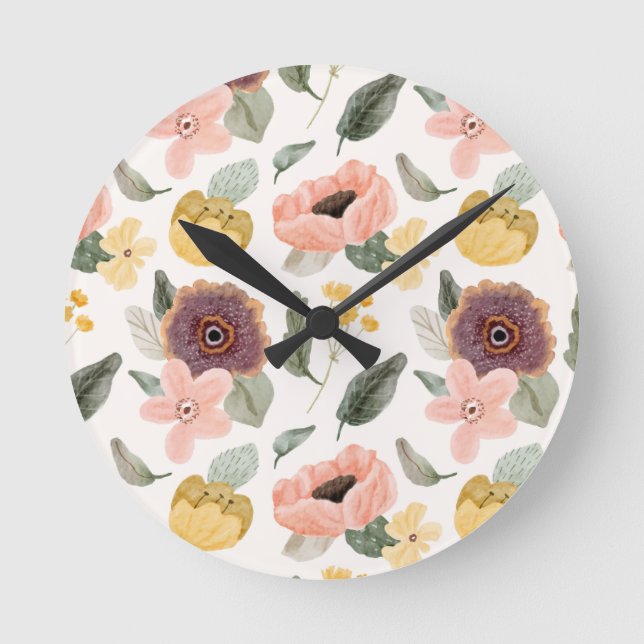 Relógio Redondo Padrão Floral Seamless em Aquarela Pastel | Suave (Frente)