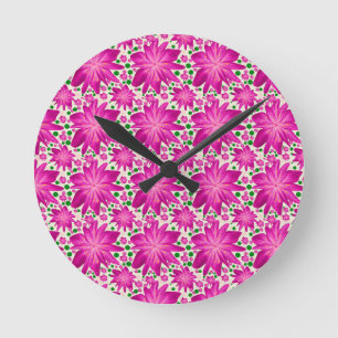 Relógio Redondo Padrão Floral Sem Costura Rosa Quente