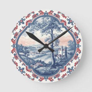 Relógio Redondo Padrão floral Toile Francês Rústico Vintage