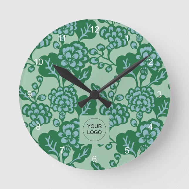 Relógio Redondo Padrão Floral Verde e Azul Vibrante e Negrito (Frente)