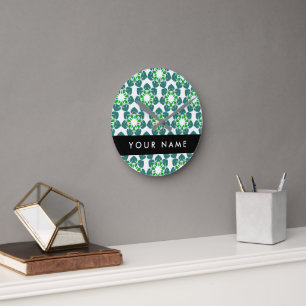 Relógio Redondo Padrão Folha, Folhas Verdes, Seu Nome
