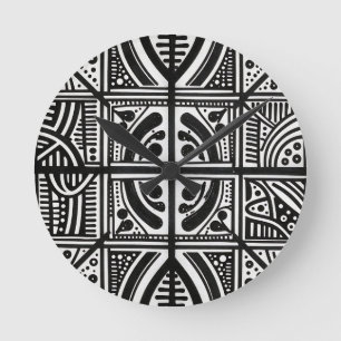 Relógio Redondo Padrão Geométrico Abstrato Preto Branco