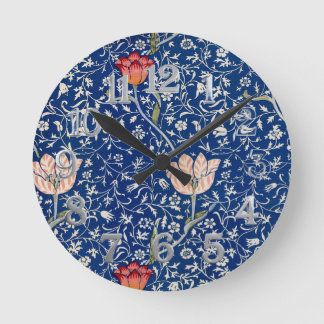 Relógio Redondo Padrão Índigo Floral Tulipa Vintage William Morris