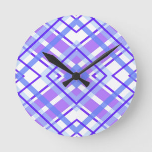 Relógio Redondo Padrão Moderno de Gingham Azul e Branco Na moda