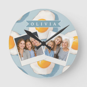Relógio Redondo Padrão Personalizado de Ovo Frito Divertido Azul E