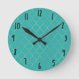 Relógio Redondo Padrão Quatrefoil Dourado e Turquesa
