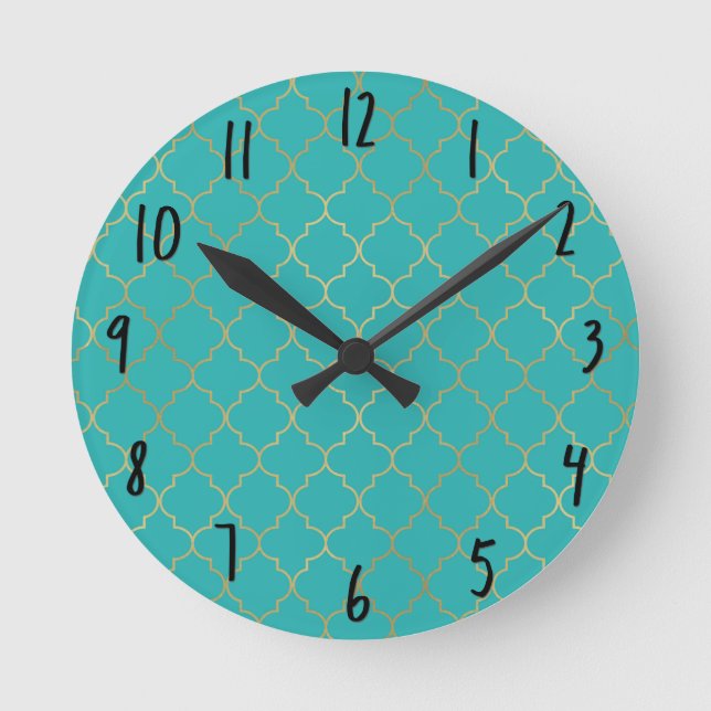 Relógio Redondo Padrão Quatrefoil Dourado e Turquesa (Frente)