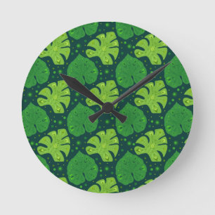 Relógio Redondo Padrão tropical com folhas de líana e monstera