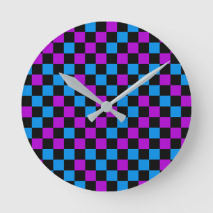 Relógio Redondo Padrão Xadrez Azul Roxo e Preto