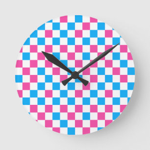 Relógio Redondo Padrão Xadrez Rosa Azul e Branco