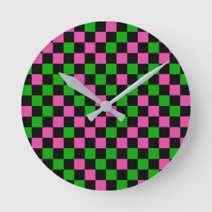 Relógio Redondo Padrão Xadrez Rosa Verde e Preto