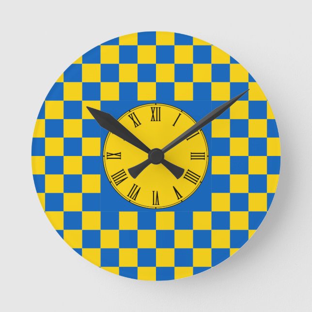 Relógio Redondo Padrões de cor azul e amarelo / padrão verificado  (Frente)