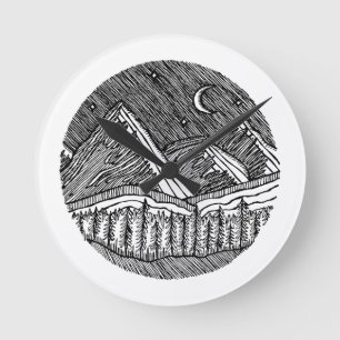 Relógio Redondo Paisagem Alpina Redonda Desenhada a Tinta Preta e