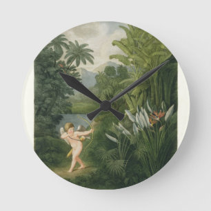 Relógio Redondo Paisagem com Cupido apontando uma seta para um pap