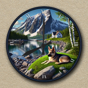 Relógio Redondo Paisagem Lakeside do German shepherd Personalizáve